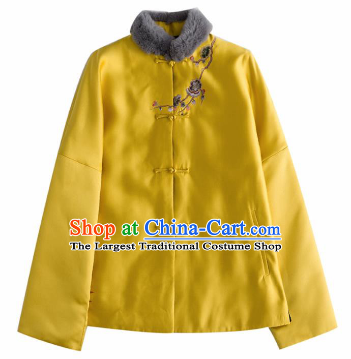 Chinese Traditional Tang Suit Yellow Cotton Wadded Jacket National Costume Upper Outer Garment for Women