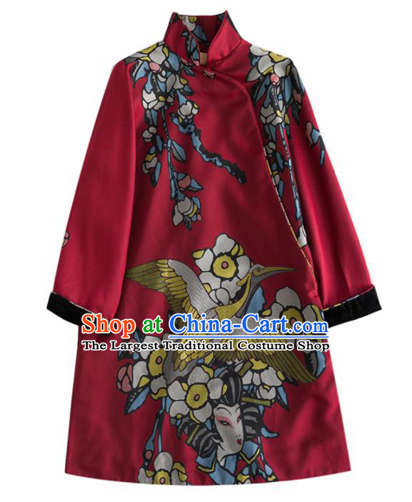 Chinese Traditional National Winter Costume Tang Suit Upper Outer Garment Wine Red Coat for Women
