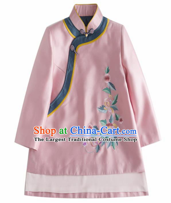 Chinese Traditional Tang Suit National Costume Upper Outer Garment Embroidered Pink Coat for Women