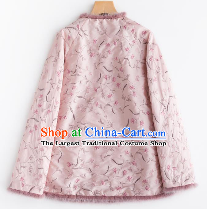 Chinese Traditional Tang Suit Pink Cotton Padded Jacket National Costume Upper Outer Garment for Women