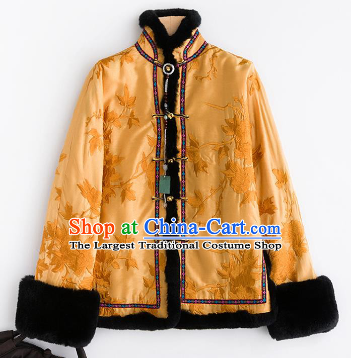 Chinese Traditional Tang Suit Golden Cotton Padded Jacket National Costume Outer Garment for Women