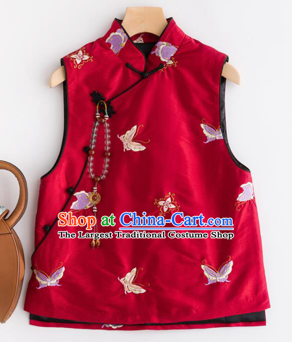 Traditional Chinese National Costume Tang Suit Embroidered Butterfly Red Waistcoat for Women