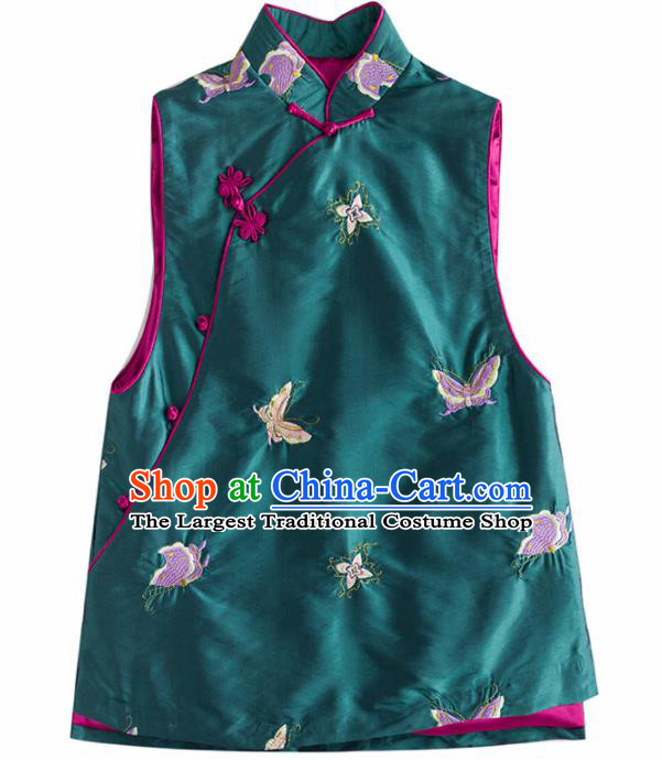 Traditional Chinese National Costume Tang Suit Embroidered Butterfly Green Waistcoat for Women