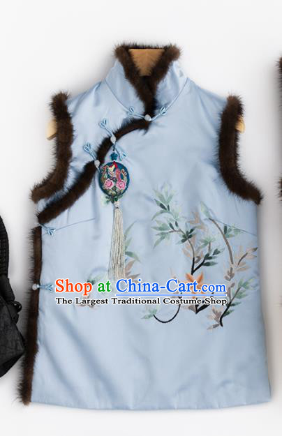 Traditional Chinese National Costume Tang Suit Embroidered Blue Brocade Waistcoat for Women
