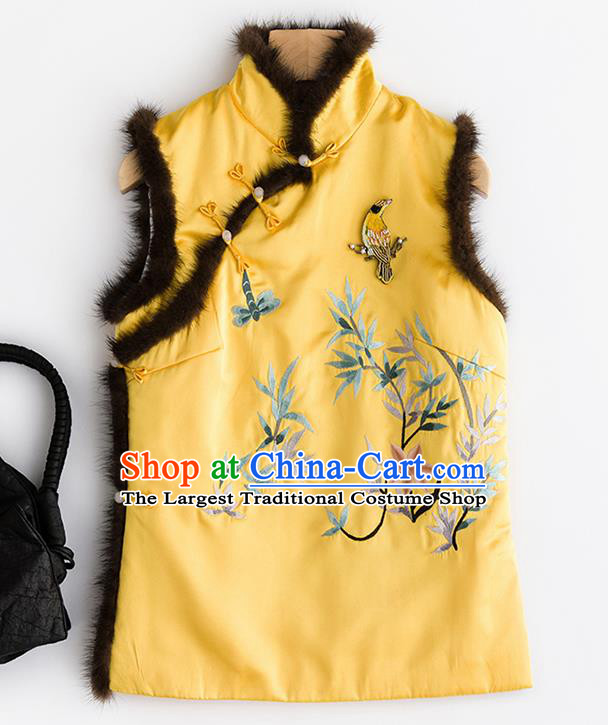 Traditional Chinese National Costume Tang Suit Embroidered Yellow Brocade Waistcoat for Women