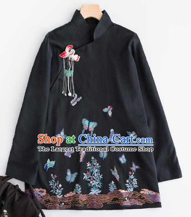 Chinese Traditional Costume National Tang Suit Embroidered Black Blouse Upper Outer Garment for Women