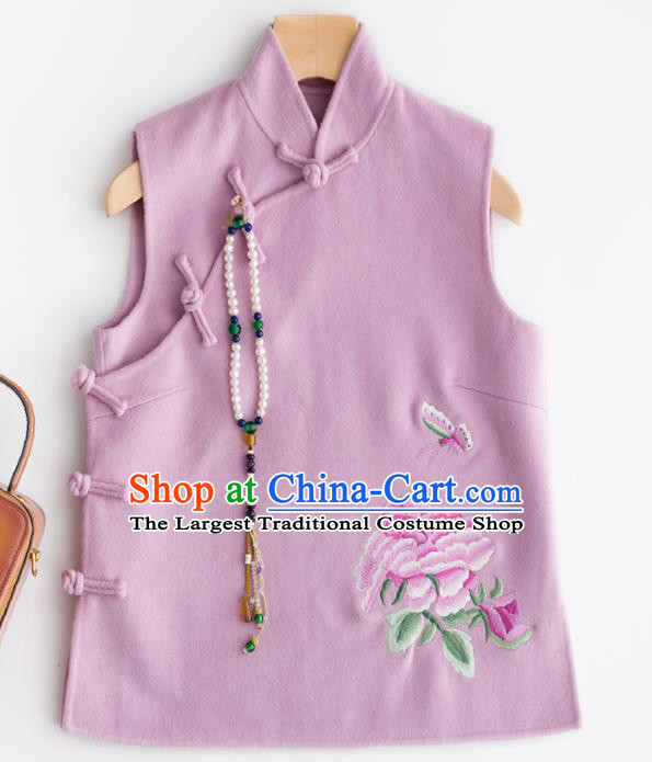 Traditional Chinese National Costume Tang Suit Embroidered Purple Woolen Waistcoat for Women