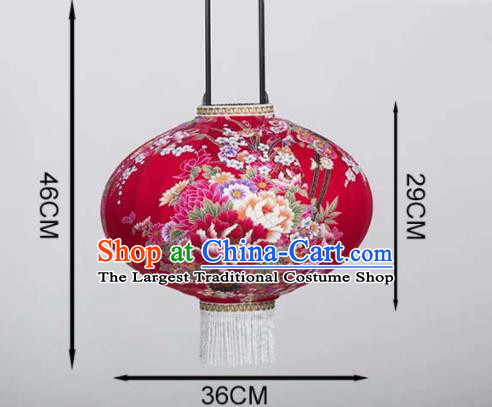 Chinese Traditional Printing Peony Red Round Hanging Lantern Handmade Craft New Year Palace Lanterns