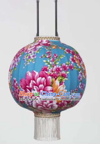 Chinese Traditional Printing Peony Blue Hanging Lantern Handmade Craft New Year Palace Lanterns