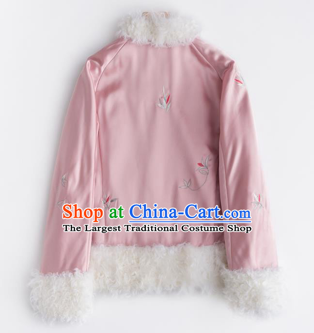 Chinese Traditional National Costume Tang Suit Outer Garment Embroidered Pink Short Coat for Women