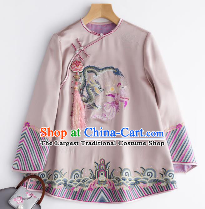 Chinese Traditional National Costume Tang Suit Upper Outer Garment Embroidered Pink Blouse for Women