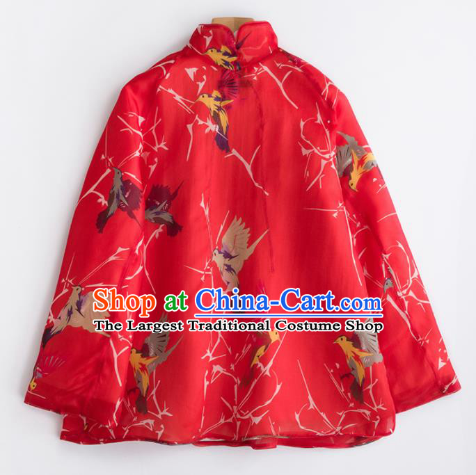 Chinese Traditional Costume National Tang Suit Red Cotton Padded Jacket Outer Garment for Women