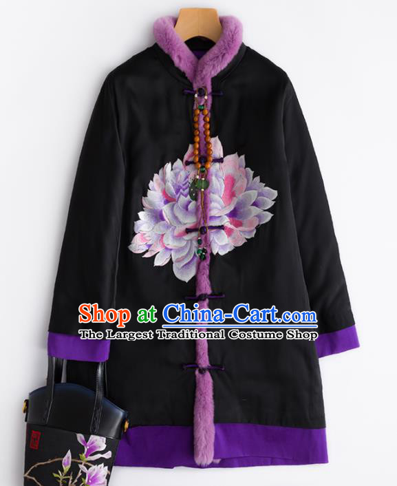 Chinese Traditional Costume National Tang Suit Embroidered Black Cotton Padded Jacket for Women