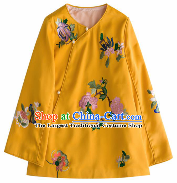 Chinese Traditional National Costume Tang Suit Upper Outer Garment Embroidered Peony Yellow Blouse for Women