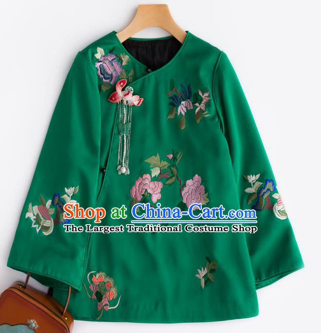 Chinese Traditional National Costume Tang Suit Upper Outer Garment Embroidered Peony Green Blouse for Women
