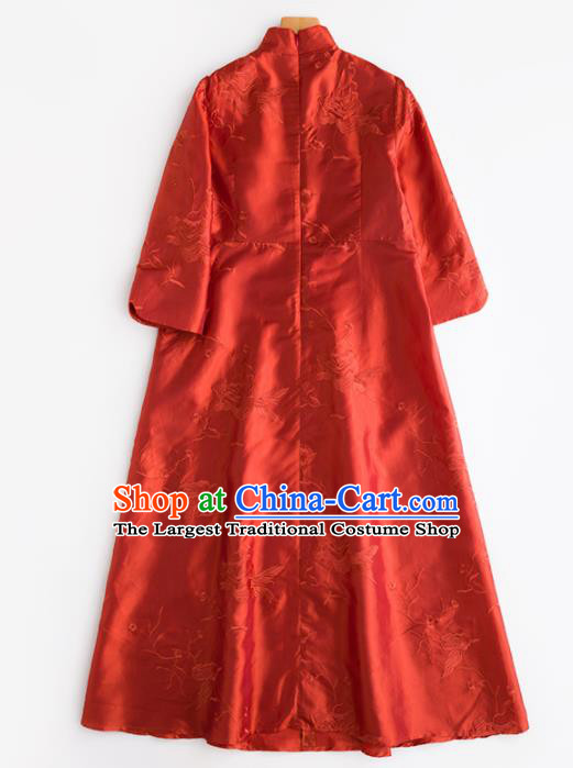 Chinese Traditional Costume National Cheongsam Embroidered Red Silk Qipao Dress for Women