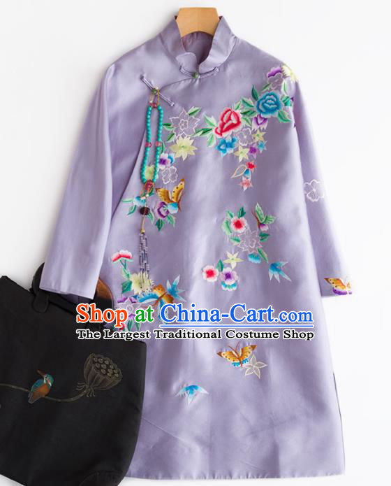 Chinese Traditional National Costume Tang Suit Embroidered Light Purple Coat for Women