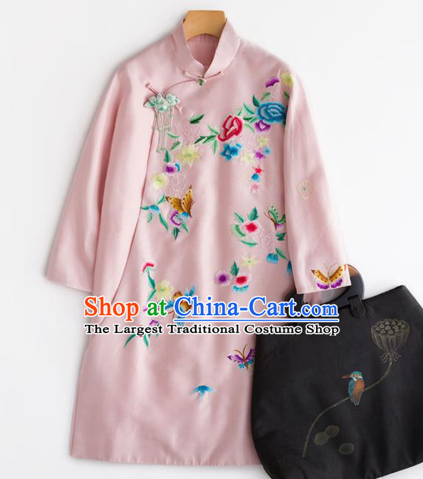 Chinese Traditional National Costume Tang Suit Embroidered Pink Coat for Women