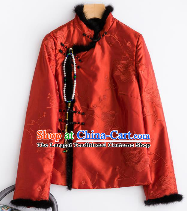 Chinese Traditional National Costume Tang Suit Embroidered Red Cotton Padded Jacket for Women