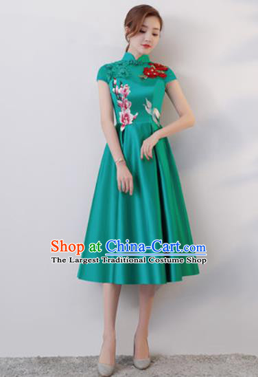 Chinese Traditional National Costume Classical Cheongsam Embroidered Green Satin Qipao Dress for Women