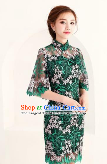 Chinese Traditional National Costume Classical Cheongsam Embroidered Green Full Dress for Women