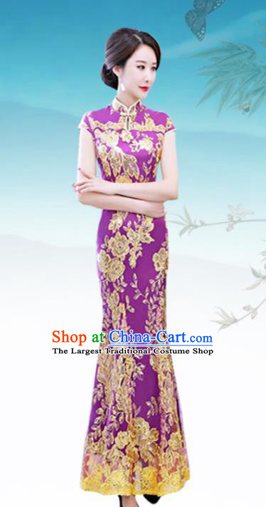 Chinese Traditional Wedding Costume Classical Embroidered Purple Full Dress for Women