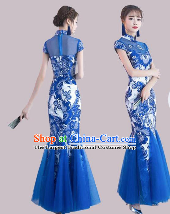 Chinese Traditional Cheongsam Costume Classical Embroidered Blue Veil Full Dress for Women