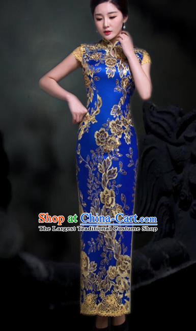 Chinese Traditional Embroidered Royalblue Cheongsam Costume Classical Full Dress for Women