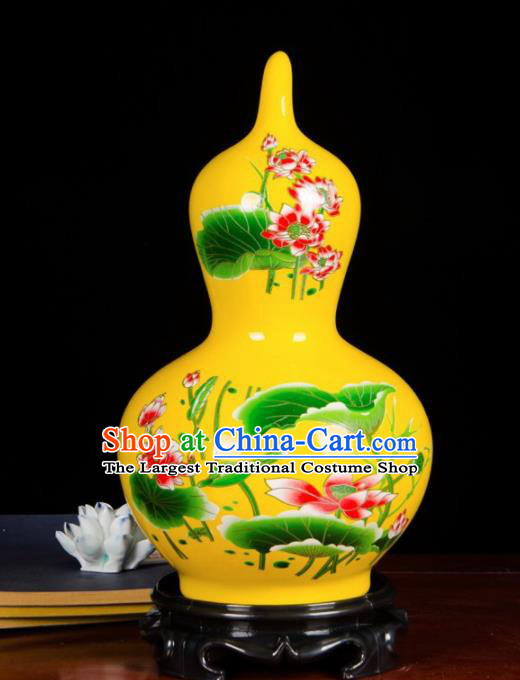 Chinese Jingdezhen Ceramic Craft Hand Painting Lotus Yellow Enamel Calabash Vase Handicraft Traditional Porcelain Vase
