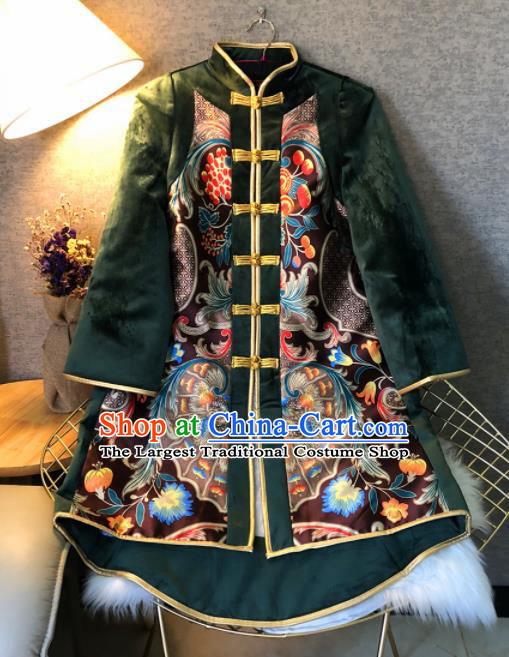 Chinese Traditional National Costume Green Cotton Padded Coat Embroidered Tang Suit Outer Garment for Women