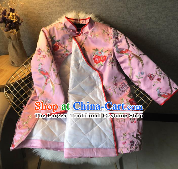 Chinese Traditional National Costume Embroidered Pink Cotton Padded Jacket Tang Suit Outer Garment for Women