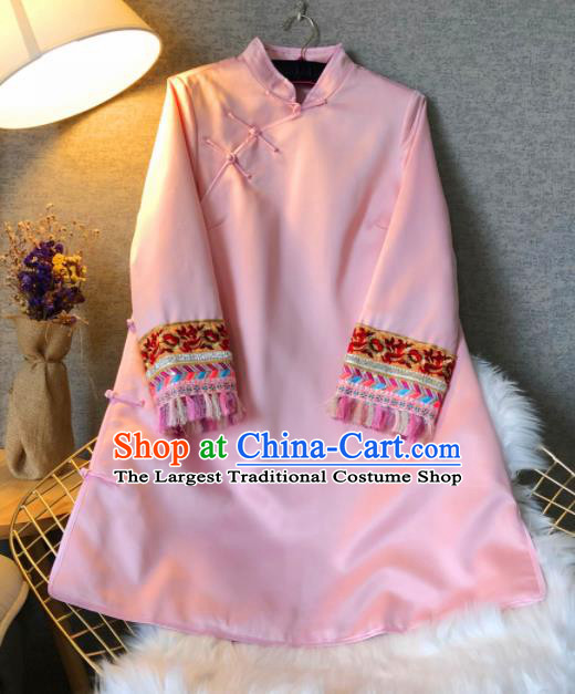 Chinese Traditional National Costume Tang Suit Qipao Dress Embroidered Pink Cheongsam for Women