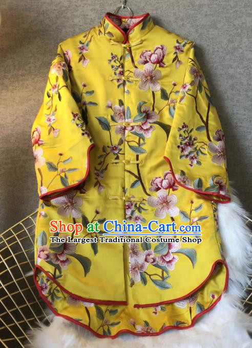 Chinese Traditional National Costume Tang Suit Embroidered Yellow Coat Outer Garment for Women
