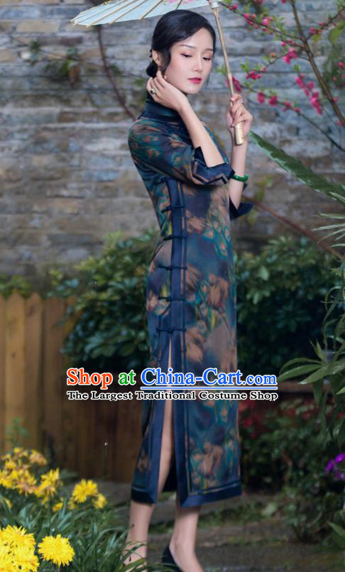 Chinese Traditional National Costume Tang Suit Printing Deep Green Silk Qipao Dress Cheongsam for Women