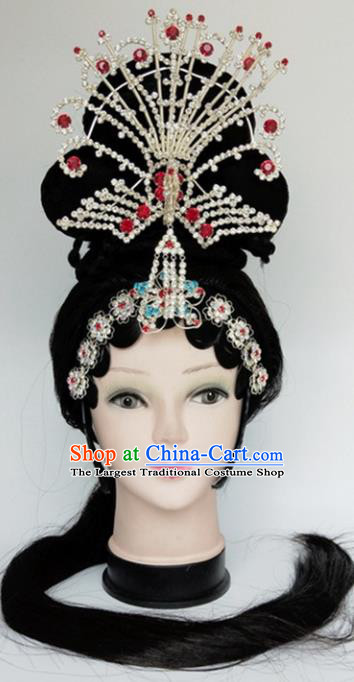 Chinese Ancient Peri Wigs and Crystal Phoenix Tassel Hairpins Traditional Peking Opera Imperial Consort Wig Sheath Hair Accessories for Women
