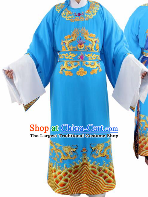 Chinese Ancient Number One Scholar Embroidered Blue Robe Traditional Peking Opera Niche Costume for Men
