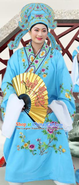 Chinese Ancient Nobility Childe Light Blue Embroidered Robe Traditional Peking Opera Niche Costume for Men