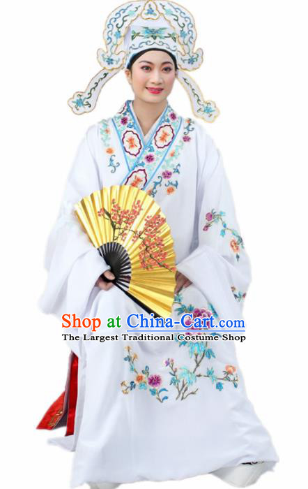 Chinese Ancient Nobility Childe White Embroidered Robe Traditional Peking Opera Niche Costume for Men