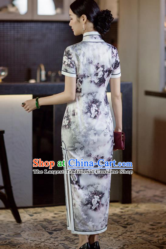 Chinese Traditional Tang Suit White Silk Qipao Dress National Costume Cheongsam for Women