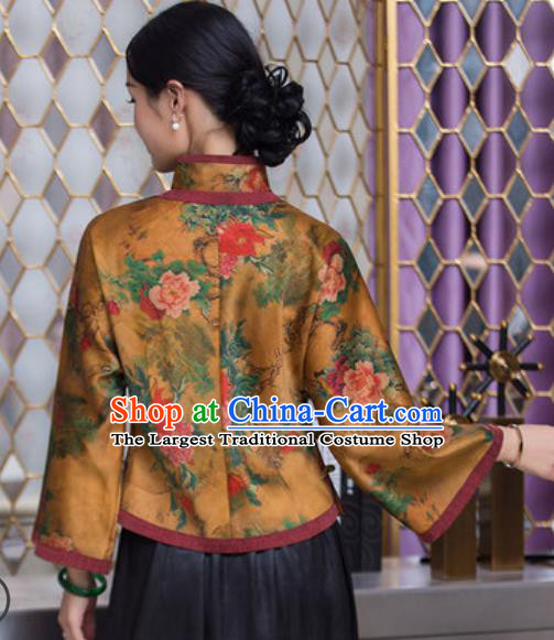 Chinese Traditional Tang Suit Upper Outer Garment Qipao Printing Peony Golden Blouse National Costume for Women