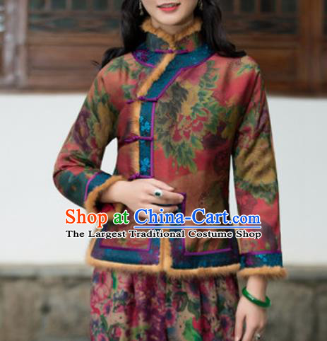 Chinese Traditional Tang Suit Upper Outer Garment Printing Wool Jacket National Costume for Women