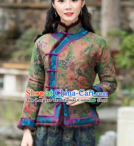 Chinese Traditional Tang Suit Upper Outer Garment Printing Wool Green Jacket National Costume for Women