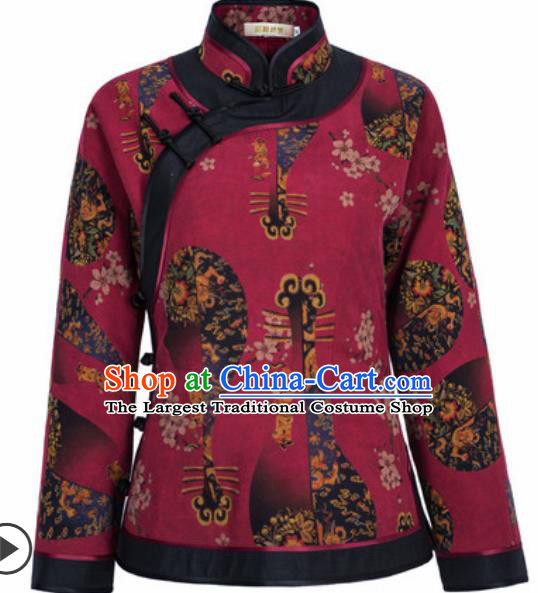 Chinese Traditional Tang Suit Upper Outer Garment Qipao Wine Red Jacket National Costume for Women
