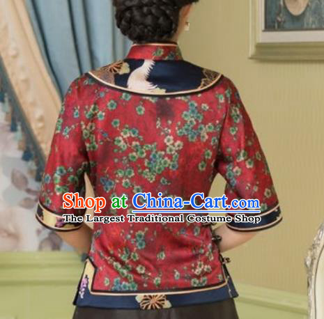 Chinese Traditional Tang Suit Upper Outer Garment Printing Plum Blossom Red Silk Blouse National Costume for Women