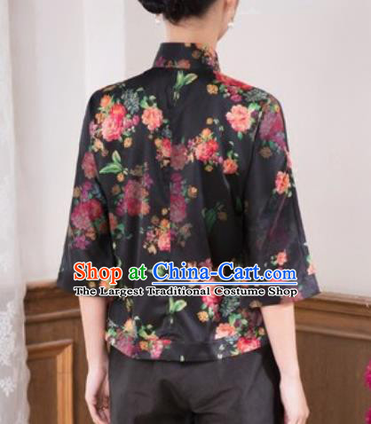 Chinese Traditional Tang Suit Upper Outer Garment Printing Black Silk Blouse National Costume for Women