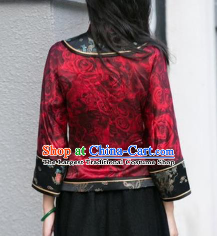 Chinese Traditional Printing Roses Red Silk Blouse Tang Suit Upper Outer Garment National Costume for Women