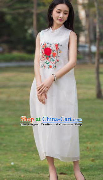 Chinese Traditional Embroidered Peony White Silk Cheongsam Tang Suit Qipao Dress National Costume for Women
