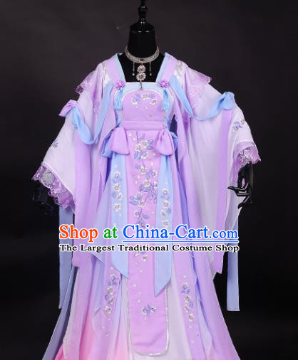 Chinese Traditional Cosplay Peri Costume Ancient Swordswoman Light Purple Hanfu Dress for Women