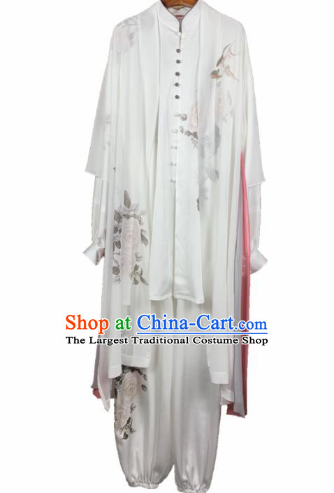 Chinese Traditional Martial Arts Costume Kung Fu Tai Chi Printing Peony White Clothing for Women
