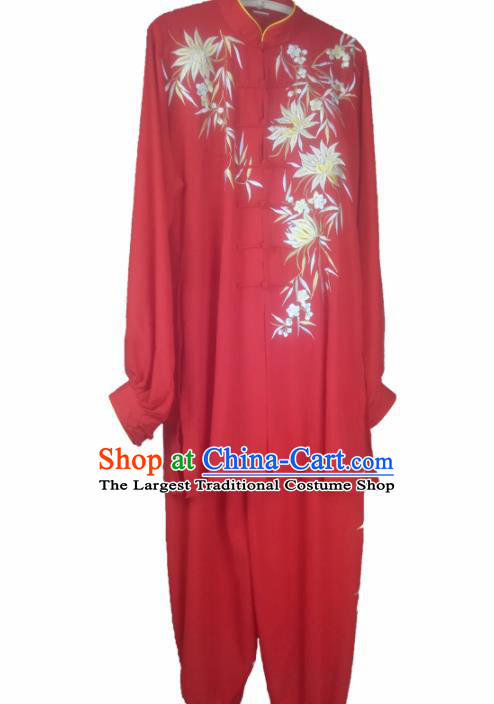 Chinese Traditional Martial Arts Competition Costume Kung Fu Tai Chi Embroidered Bamboo Red Clothing for Women